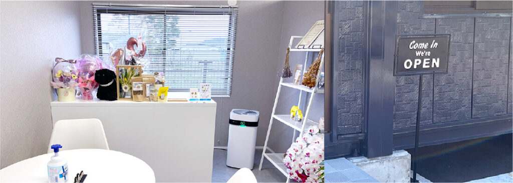 Dog salon neuの受付と待合スペースのと看板